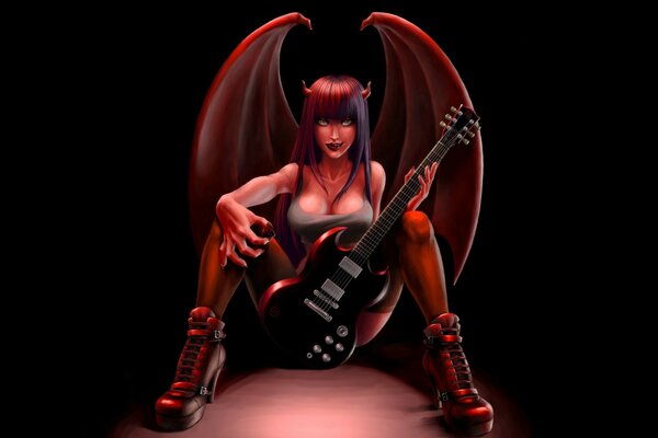 Skrzydlata demoniczna dziewczyna z gitarą