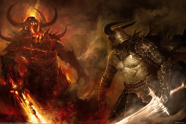 A fiery sword fight between a demon and a warrior