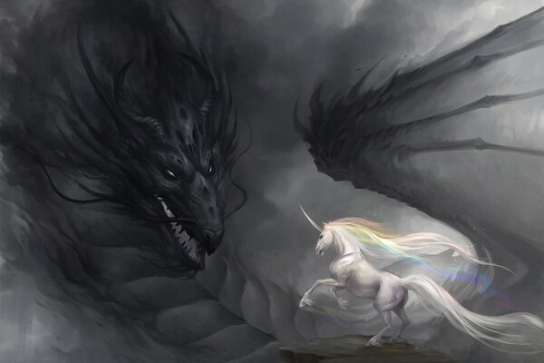 Black dragon and white unicorn