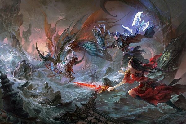 Batalla de dragones y hombres en las rocas