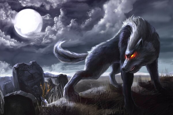 A lone wolf on a background with the moon