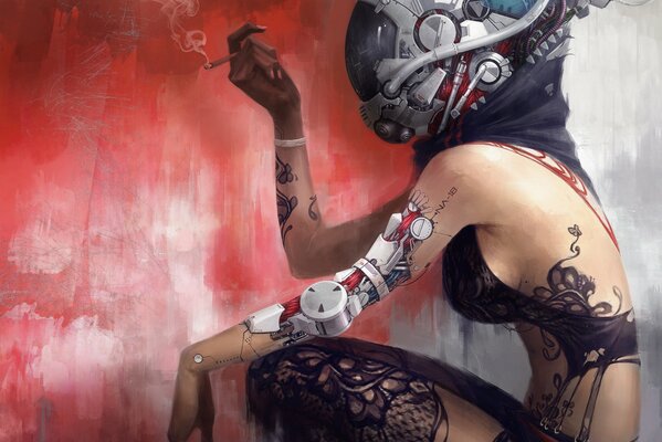 Robot girl with a tattoo at the red wall