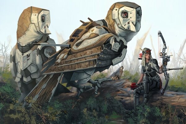 Девушка воин лучник с луком и совы роботы
