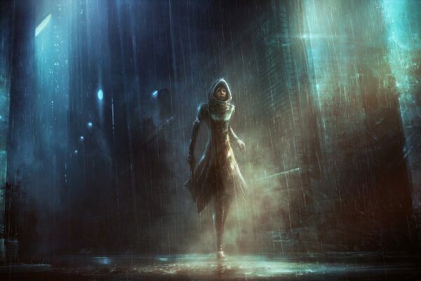 La fille du dessin animé court sous la pluie autour de la ville