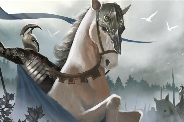 A warrior in armor on a white horse