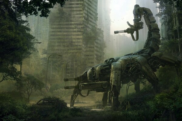 Robot scorpion in the ruins of the city