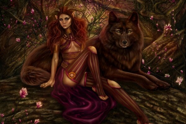 Hermosa chica con cuernos al lado del lobo. Diseño de arte