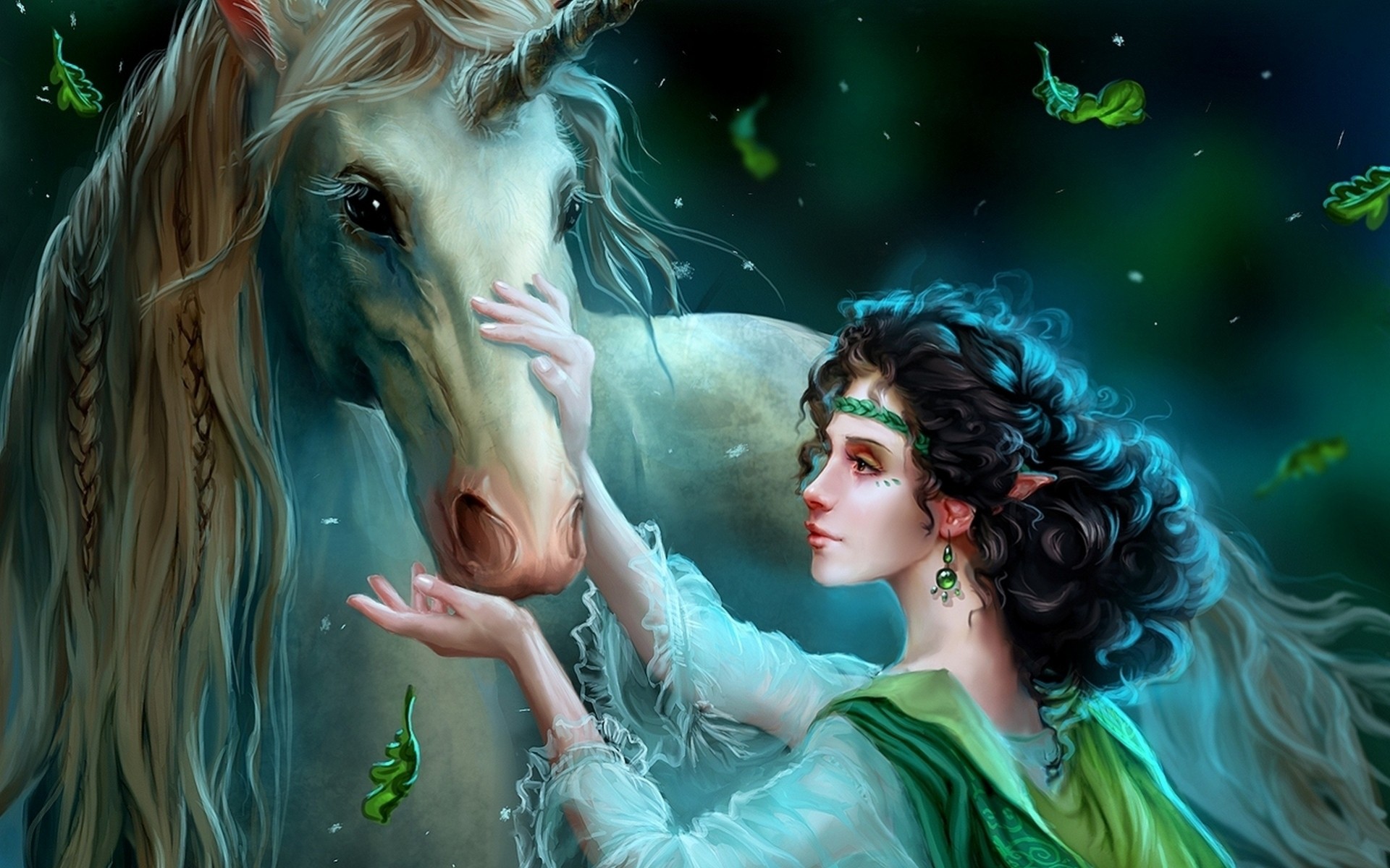 uildrim cuento de hadas arte chica elfo hojas que caen unicornio decoración fantasía magia noche