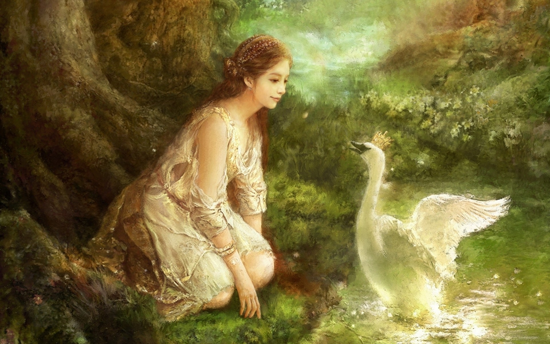 princesa bosque arte óleo corona corea del sur lienzo grito cisne flores pintura fantasía