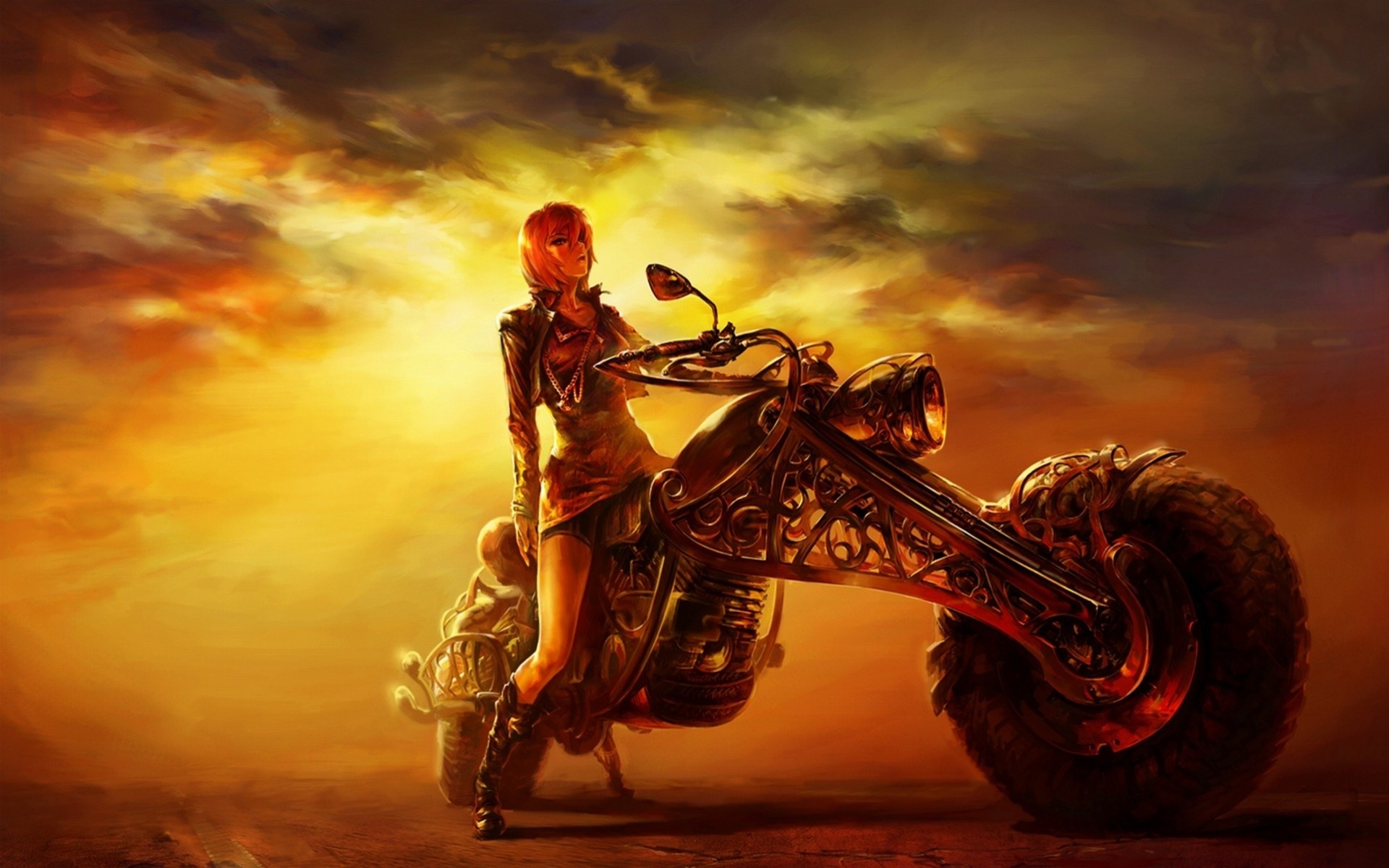 fille coucher de soleil dessin nuit route moto