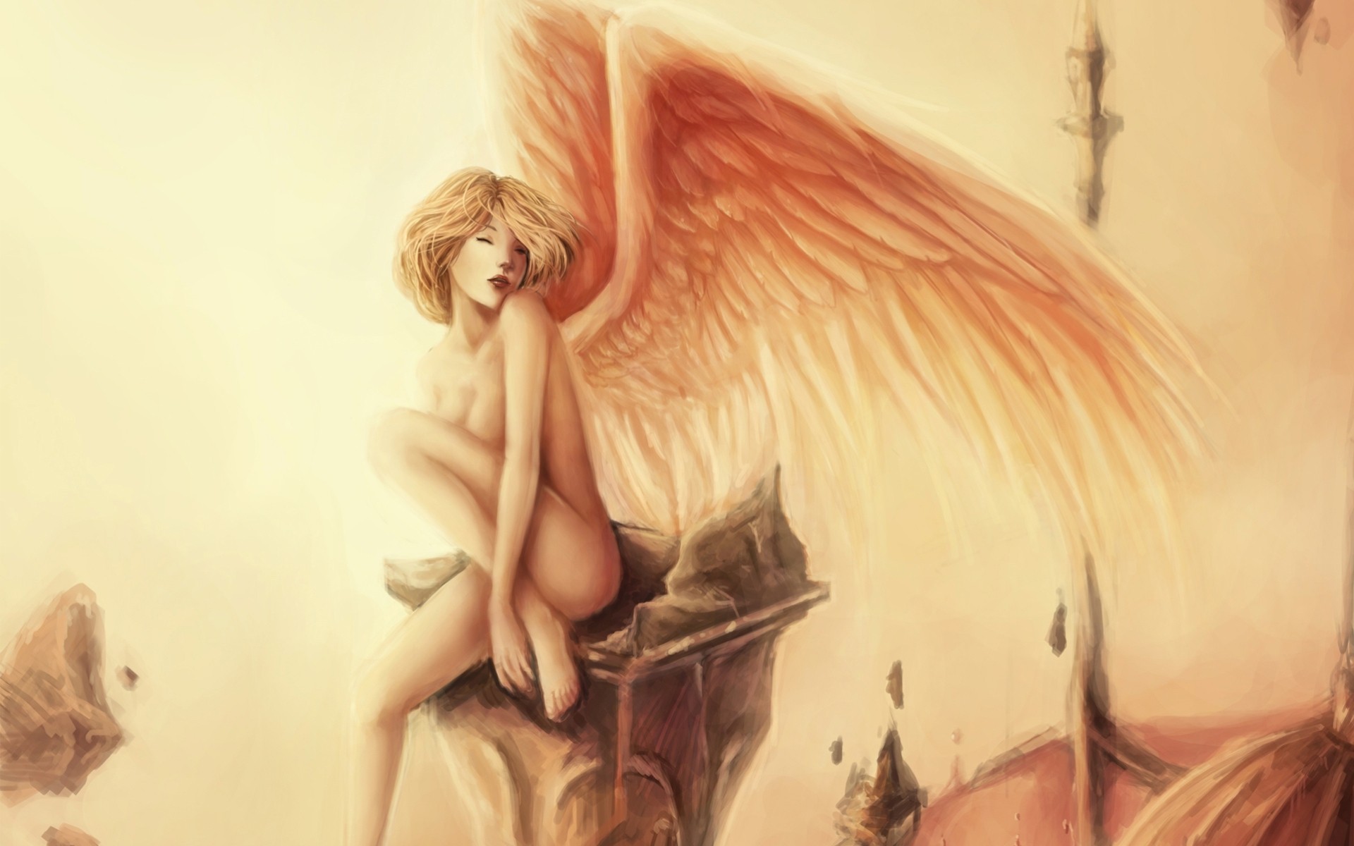 art fragments girl sitting naked roof senryuji angel ruins dome wing