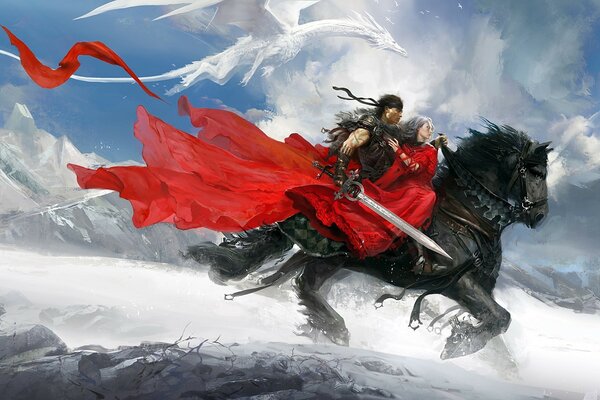 A warrior with a girl on horseback. dragon in the sky