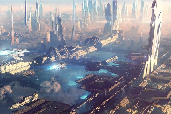 La ville du futur navires sur les nuages