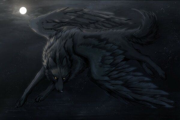 Obraz na pulpicie Wilk ze skrzydłami na tle księżyca i nocnego nieba
