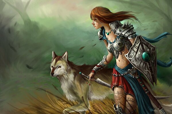 A girl in armor with a sword, shield and wolf