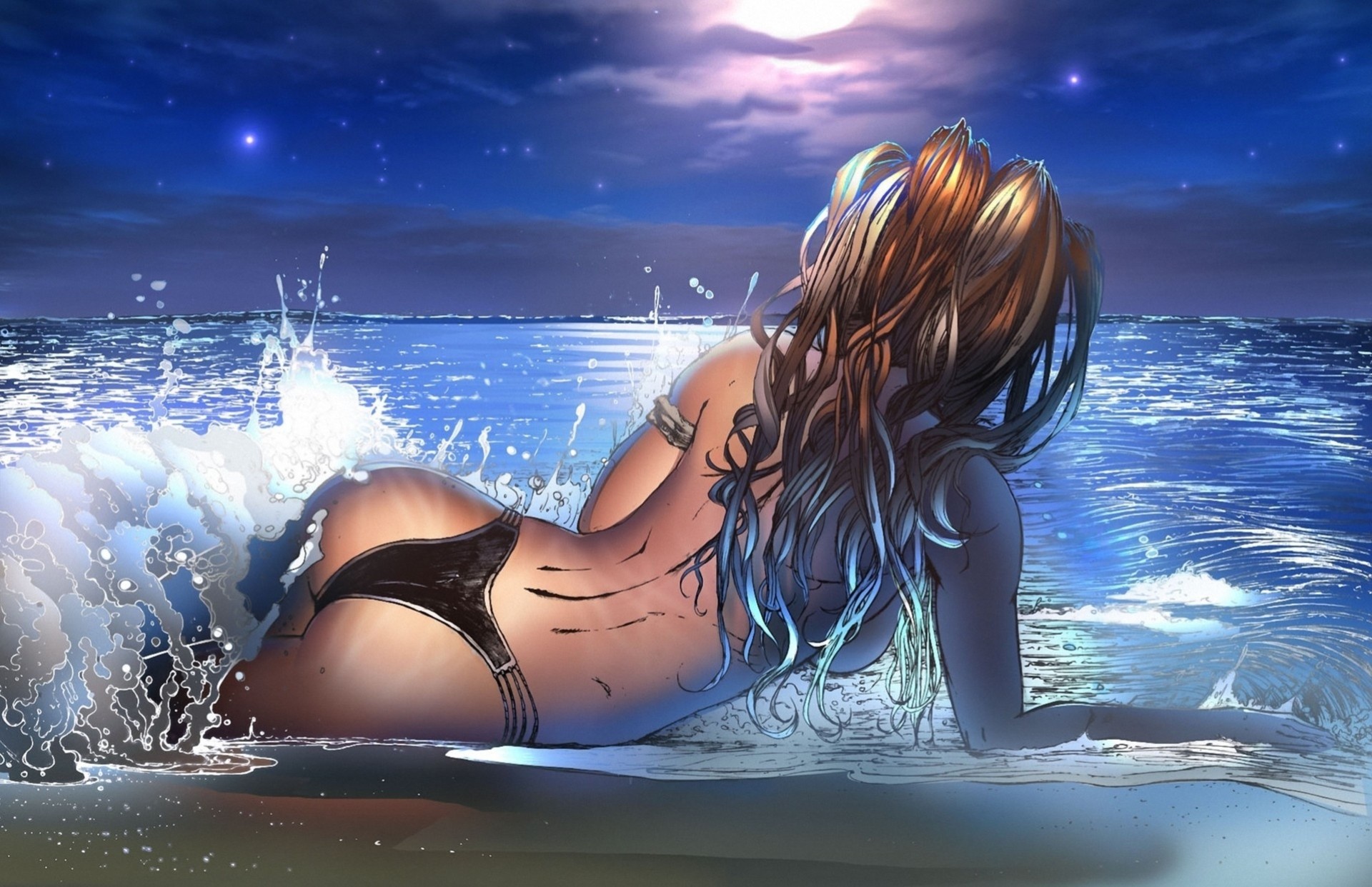 plage nuit dessin mer fille