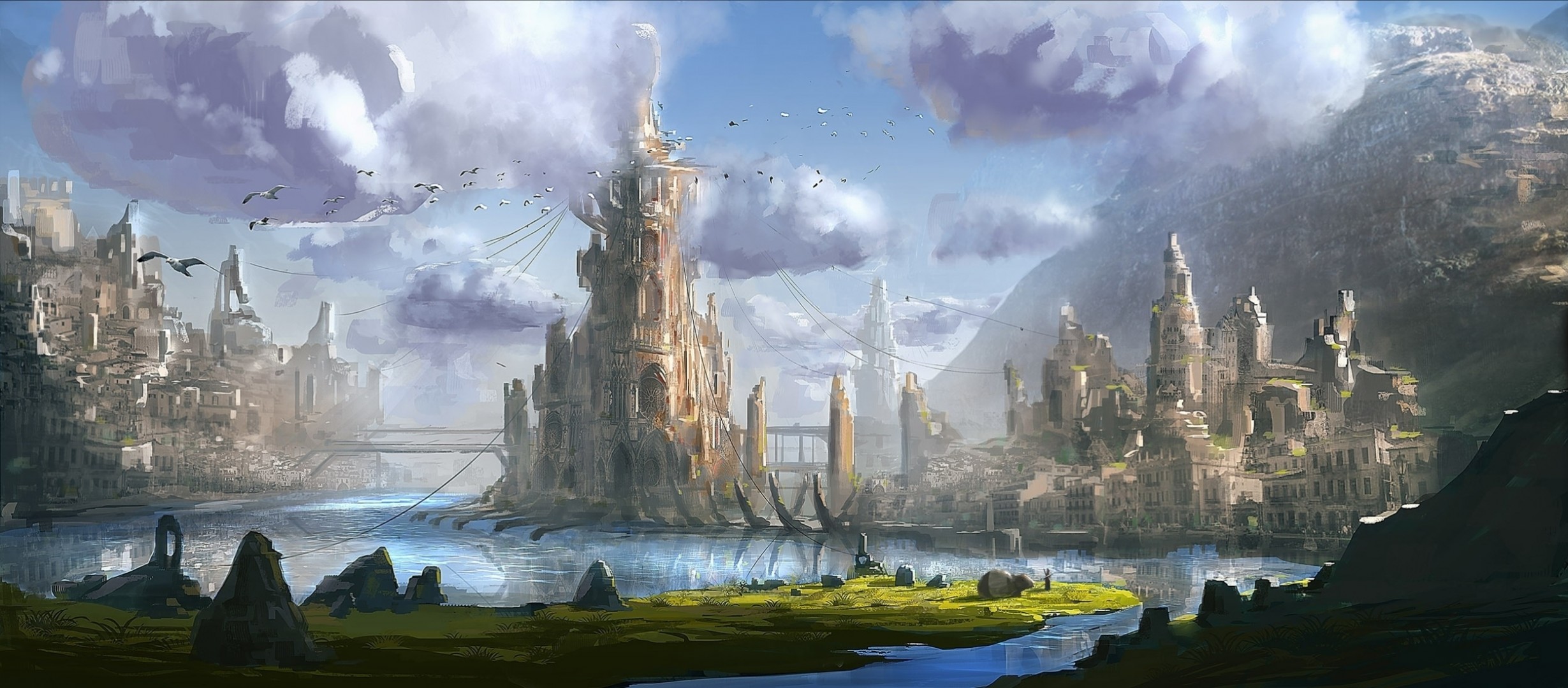 fantasy world art town water