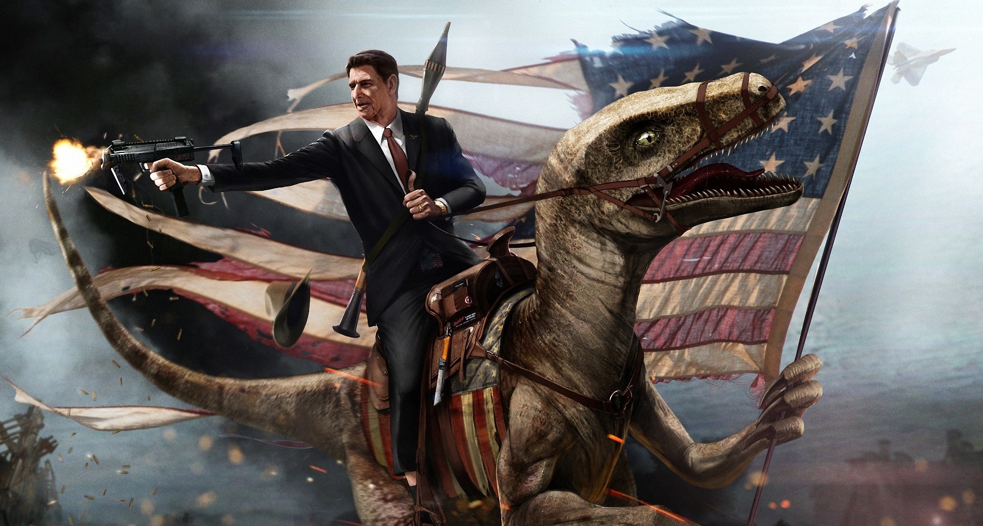 velociraptor ronald reagan us-flagge kunst dinosaurier waffe maschinengewehr