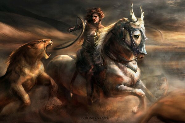 Mädchen auf einem Pferd mit einer wilden Katze