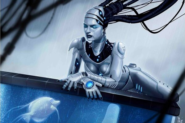 Image d art d une fille robot près de l aquarium