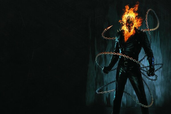 Ghost Rider su sfondo scuro in fiamme