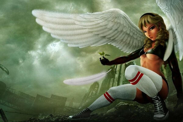 Angel girl, shod in sneakers, spread her wings and a feather fell out of them