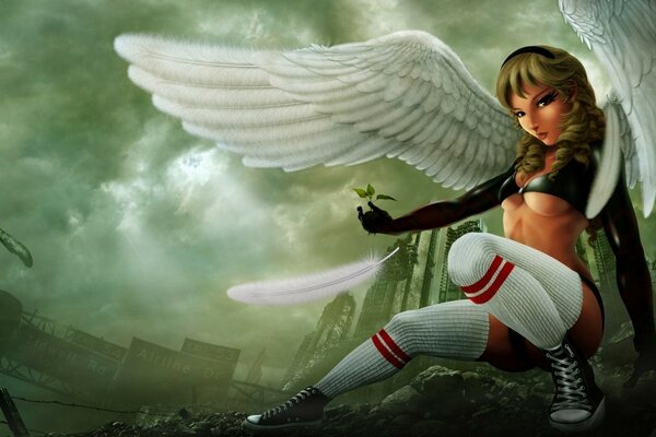 Dziewczyna anioł, obuta w trampki, rozpostarła skrzydła i wypadło z nich pióro