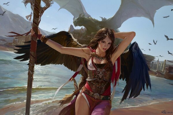 Painted viking girl with wings on the background of the sea