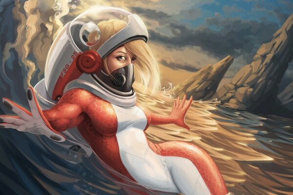 Ragazza in tuta spaziale rossa sul pianeta