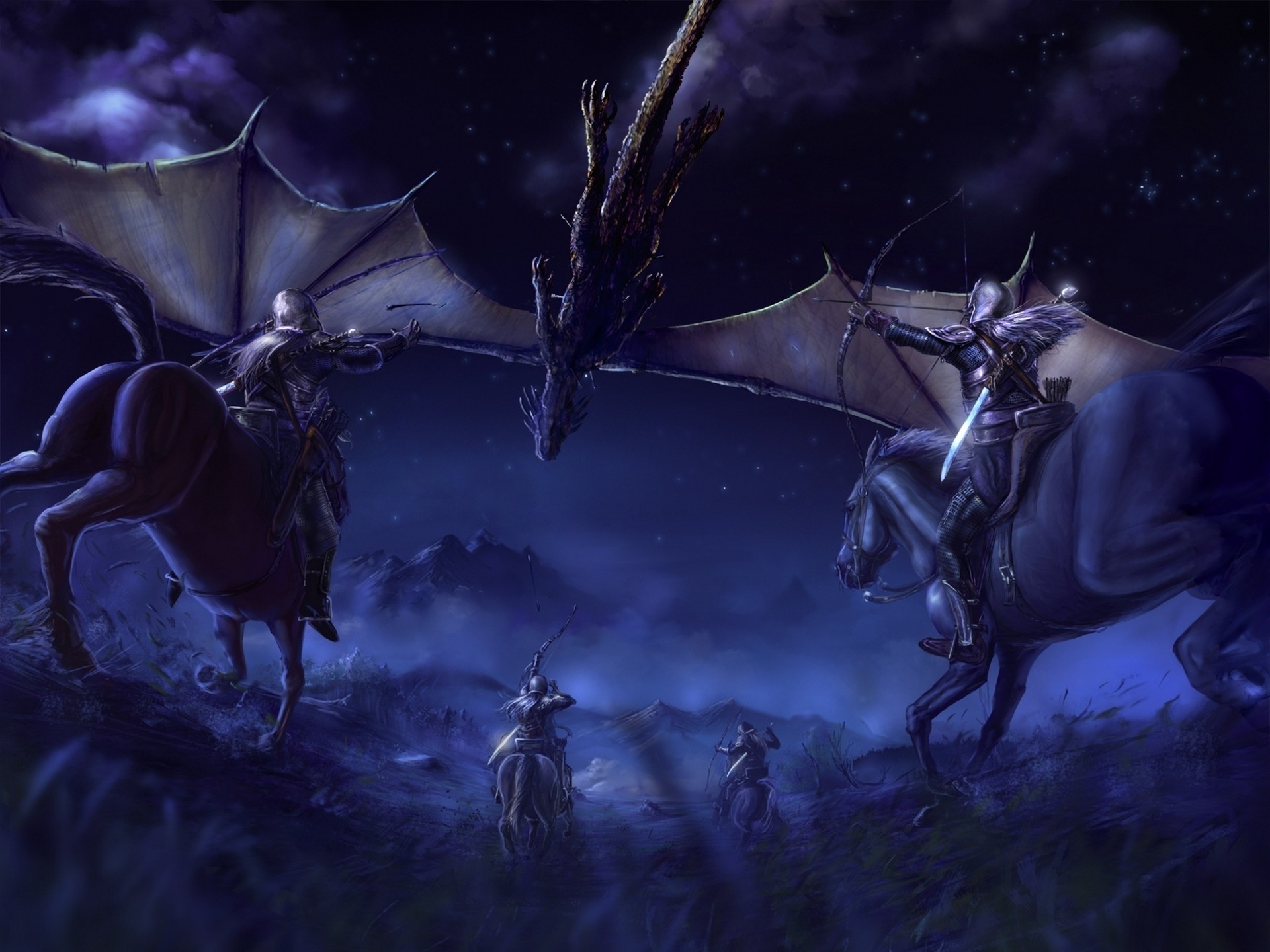 archers bataille glaurung nuit montagnes ailes elfe royaumes elfes roi suprême terre du milieu silmarillion seigneur des anneaux john ronald ruel tolkien dragon chevaux