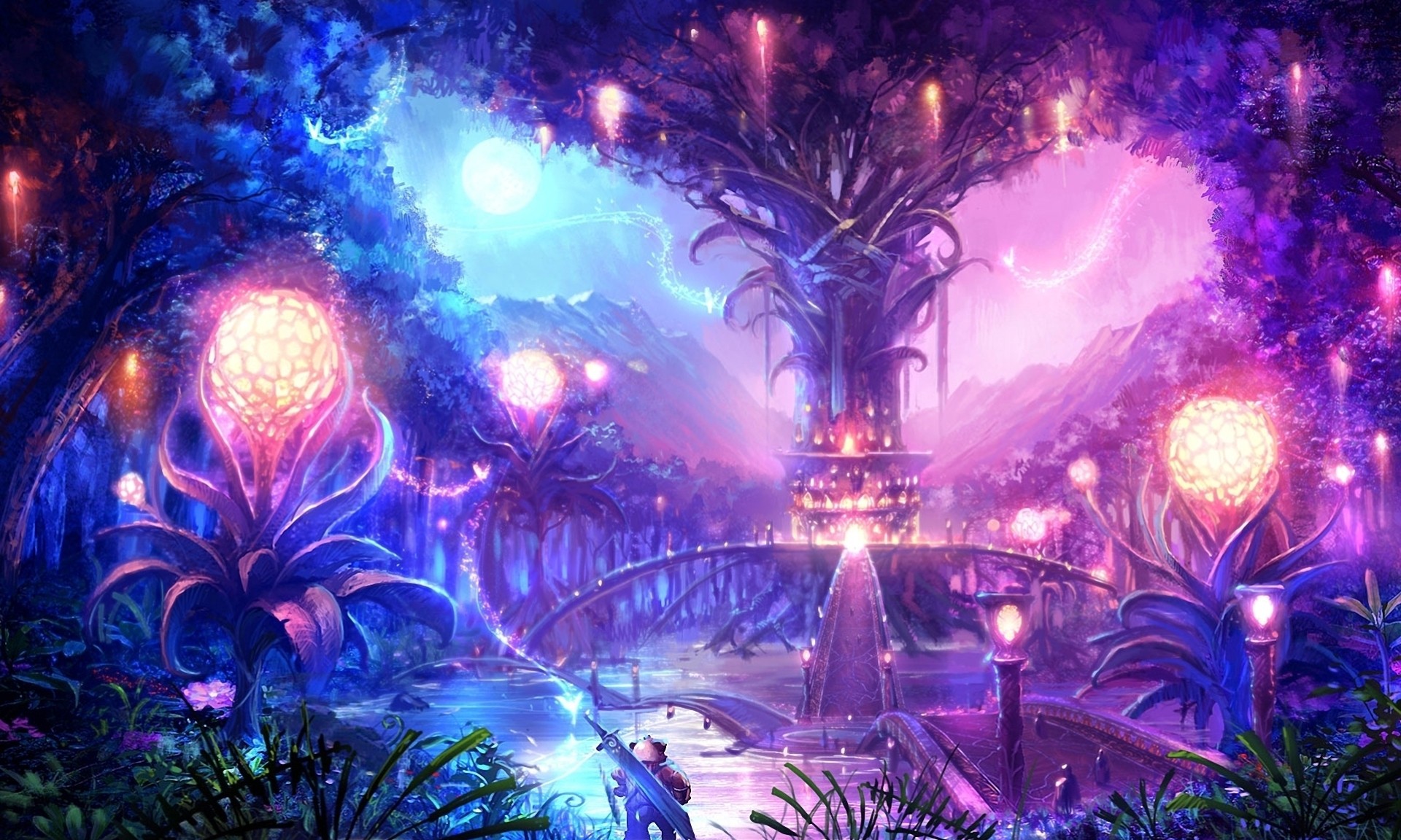 lights landscape night tree bridge sphere town sword tera online moon warrior magic