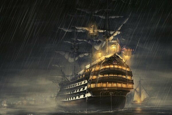 Корабль в море во время дождя