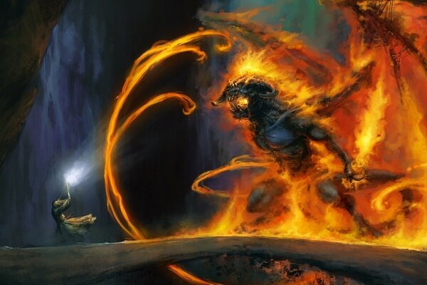 The battle of the fire monster with the warrior