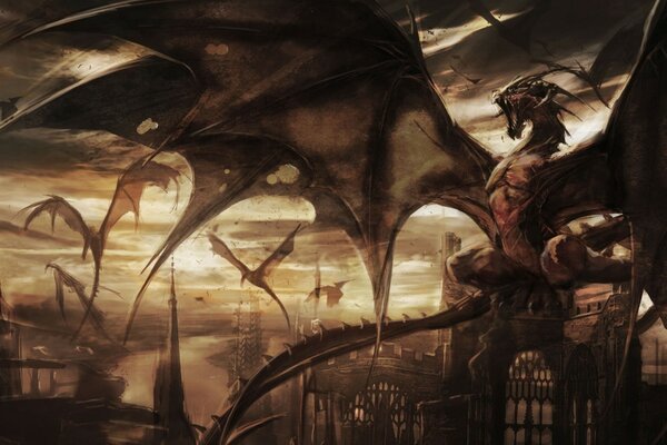 Dark Fantasy art with dragons