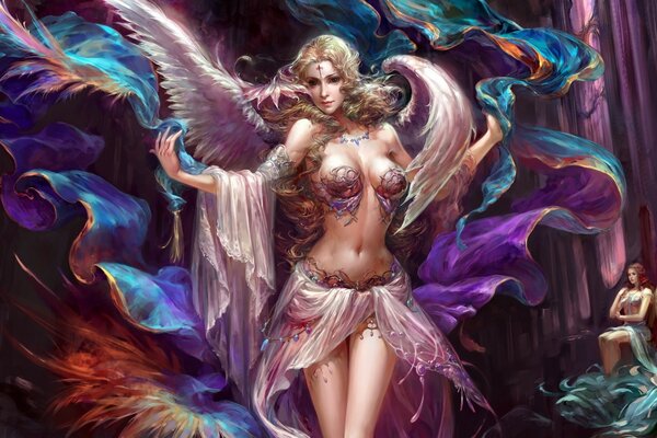 Девушка-ангел с крыльями смотрит на зрителя