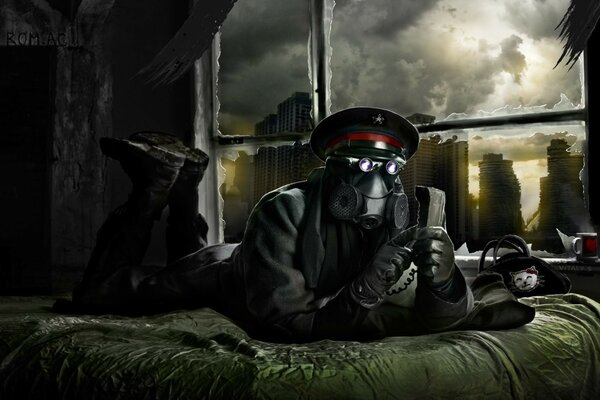 Captain in a gas mask, war, ruins, darkness