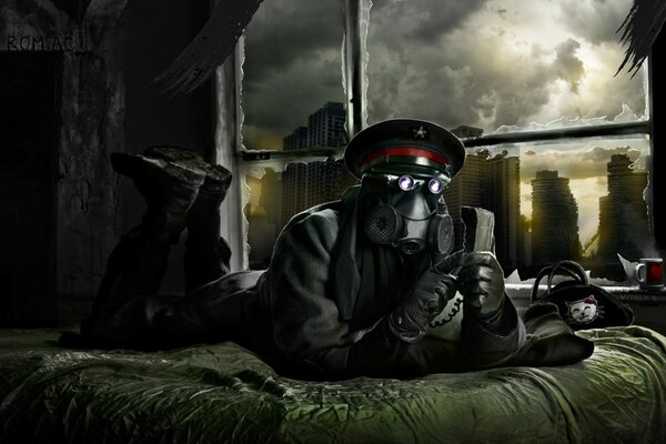 Capitán con máscara de gas, guerra, ruinas, oscuridad