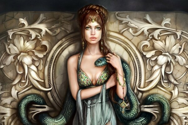 Chica con serpiente arte mítico