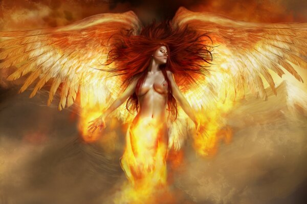 Sexy girl with fiery wings