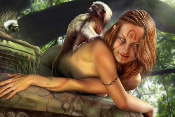 Elf girl with a capuchin monkey on her shoulder