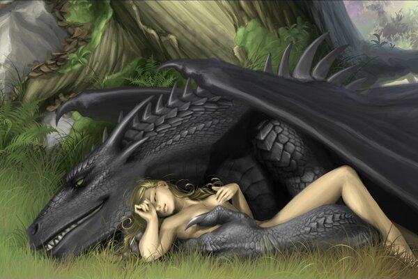 Fille nue avec un dragon dans la forêt