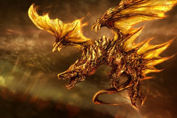 Dragón de fantasía de fuego de alas doradas