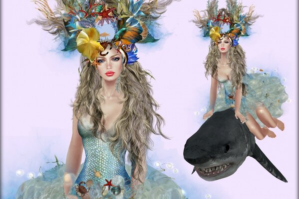 A girl in fancy dress on a shark