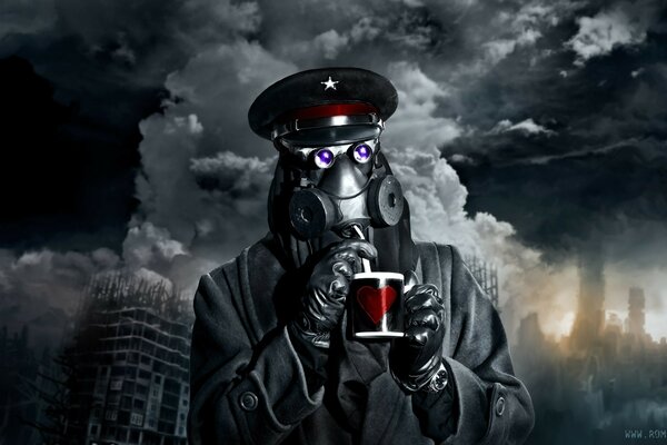 A masked captain with a mug on the background of the ruins of the apocalypse