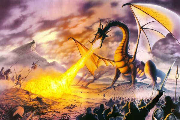 The battle of warriors with a dragon. Fantasy