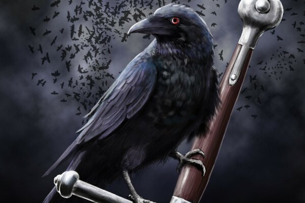 A raven on a sword in the gloomy sky