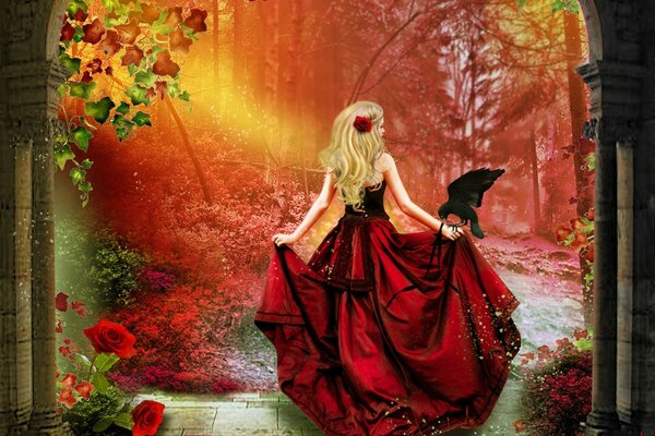 Phantasmagoria. A girl in a red dress in the forest