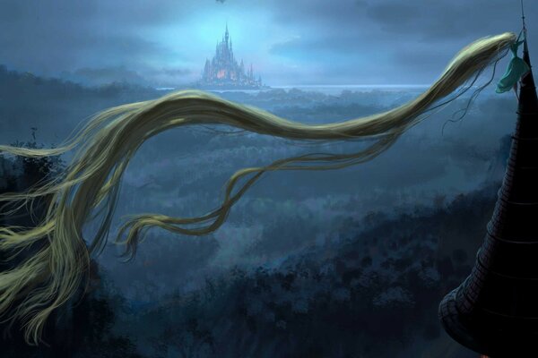 Девушка с длинными волосами на вершине башни