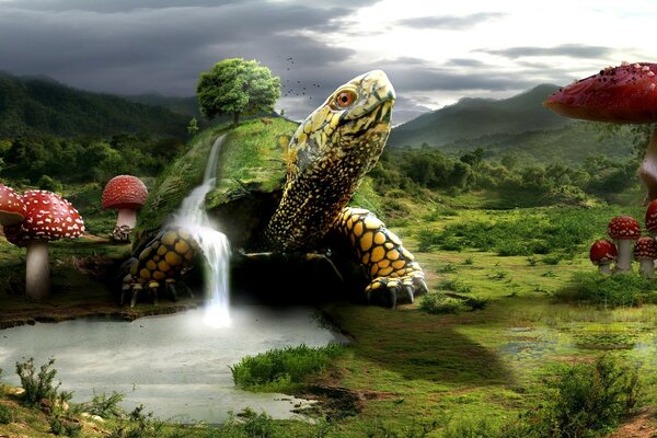 Wodospad przelewa się przez skorupę żółwia. Obraz 3d