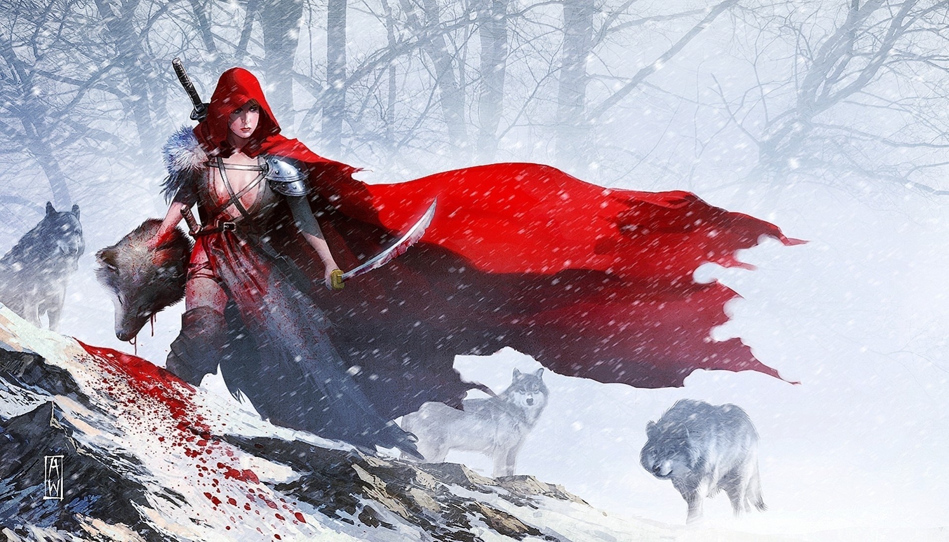 art arme fille tête petit chaperon rouge épée neige sang loups